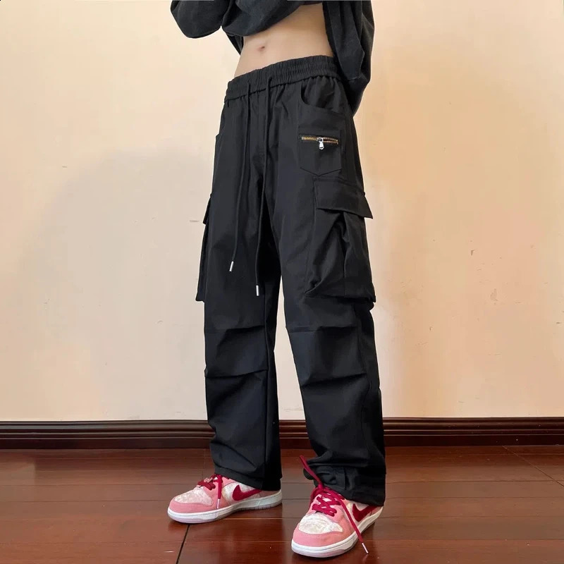 Mens Spring and Autumn Solid Color Elastic High Waist Pocket Casual Preparatory Style Zipper Drawstring Boyfriend Pants 240823