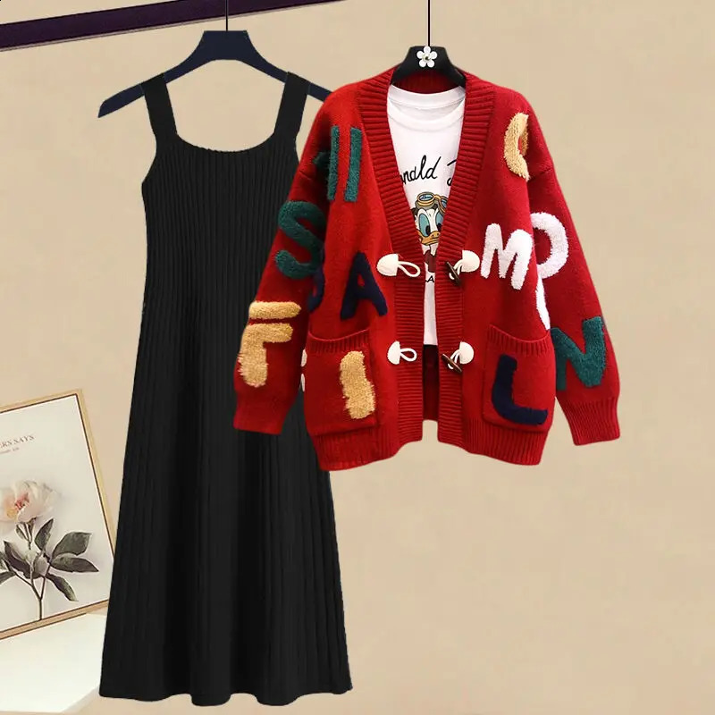 Autumn and Winter Letter Embroidery Knitted Sweater Cardigan Knitted Camisole Dress Two-piece Set Elegant Womens Skirt Set 240823