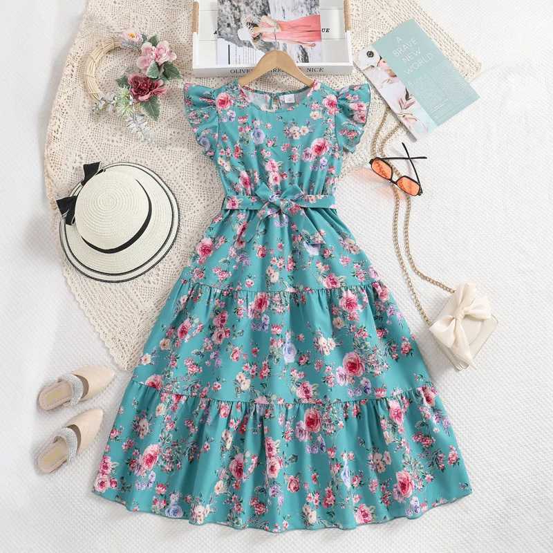 Childrens casual womens clothing summer new childrens fashion print blue A-line princess dress with 7-14Y W240823