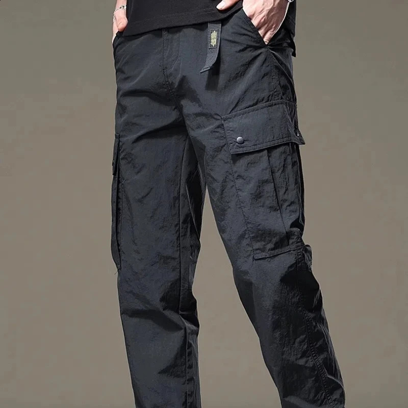 SpringSummer Solid Color Elastic Waist Brushed Mens Pocket Chaopai Bound Feet Casual Thin Cargo Pants 240823