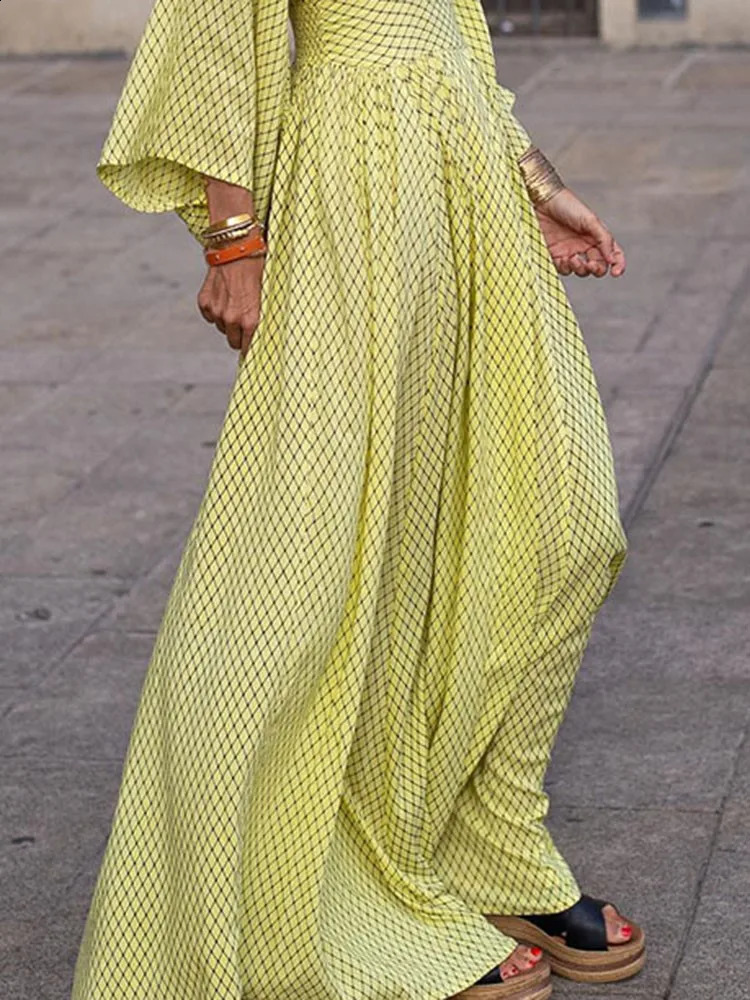 Vintage Boho Womens Casual Dress Sping Fall Fashion V-neck Lantem Sleeve Folds Waist Loose Maxi Streetwear Dresses For Women 240822