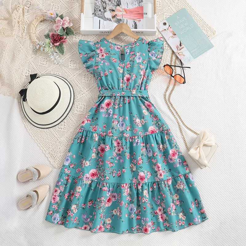 Childrens casual womens clothing summer new childrens fashion print blue A-line princess dress with 7-14Y W240823