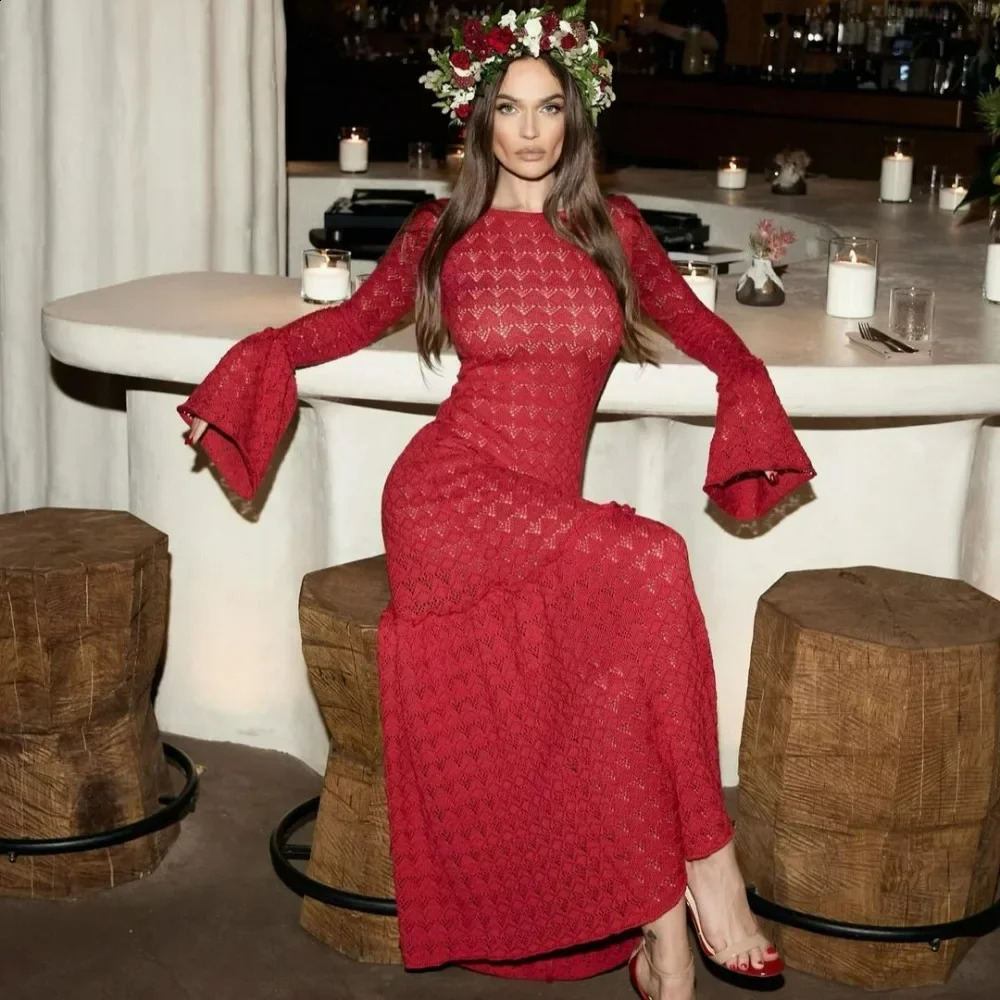 Long Sleeve Knitted Dress Women Fashion Hollow Out Slim Maxi Sweater Dresses Autumn Winter Sexy See Through Evening Party Dress 240823
