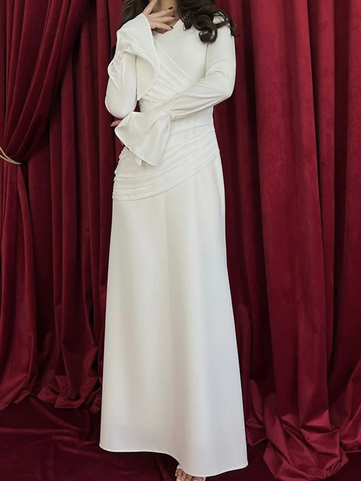 Women V Neck Long Sleeved Folds Long DressWomen Green Flare Sleeve Pleated Slim Dress Lady Party Evening Vestidos 240823