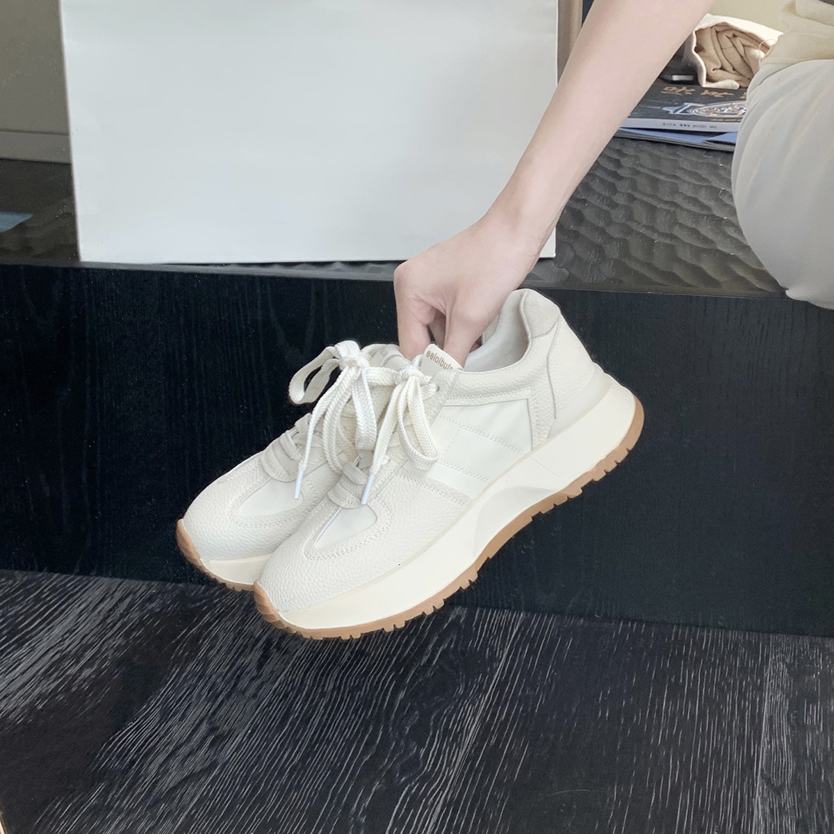 Ddmysports Cowhide Version Grape Mom S Same Genuine Leather Dad For Women Casual Sports With A Poop Like Feel Thick Soled Lace Up German Training Shoe
