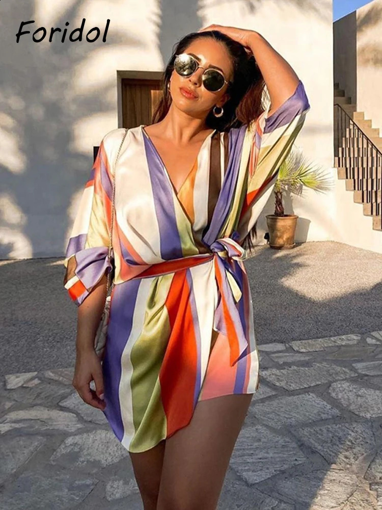 Foridol V Neck Stripe Casual Satin Romper Women Batwing Sleeve Wide Leg Fashion Playsuits Overalls Bowknot Loose Rompers 2024 240822 - view 4
