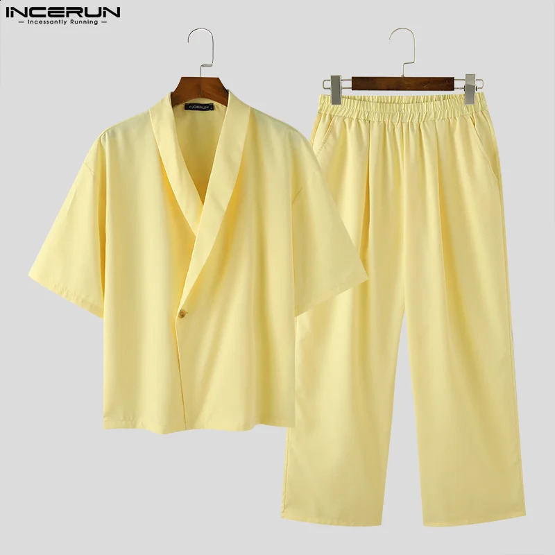 INCERUN American Style Sets Fashion Mens Solid Short Sleeved Suits Long Pants Casual Streetwear Male Two-piece Sets S-5XL 240822