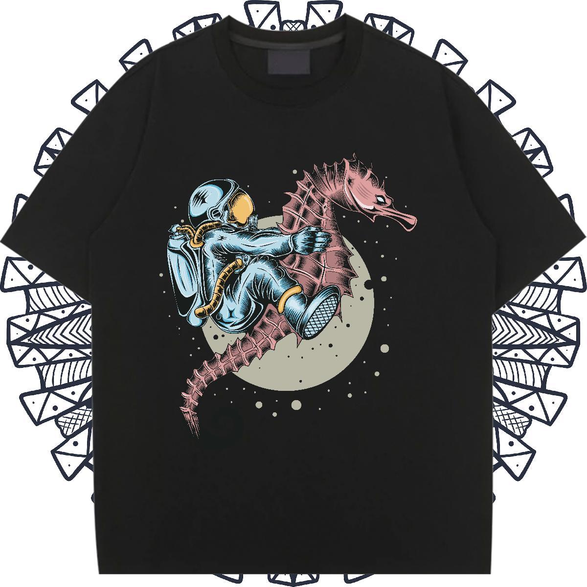 Comfortable Womens Tshirts 230g Pure Cotton cosmonaut Beach T shirt Crew Neck Breathable Cartoon Anime Tee Shirt