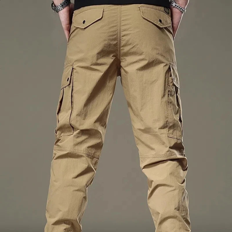 SpringSummer Solid Color Elastic Waist Brushed Mens Pocket Chaopai Bound Feet Casual Thin Cargo Pants 240823