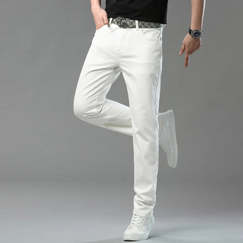 High quality casual denim jeans mens red yellow pink white solid color party pants fashionable four season straight plus size 240823