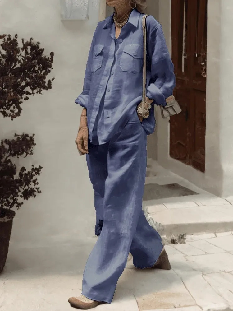 Spring Autumn Fashion Womens Loose Long Pants Sets 2024 Lapel Cotton Linen Solid Pocket Shirt Wide Leg Pants Two Piece Sets 240823