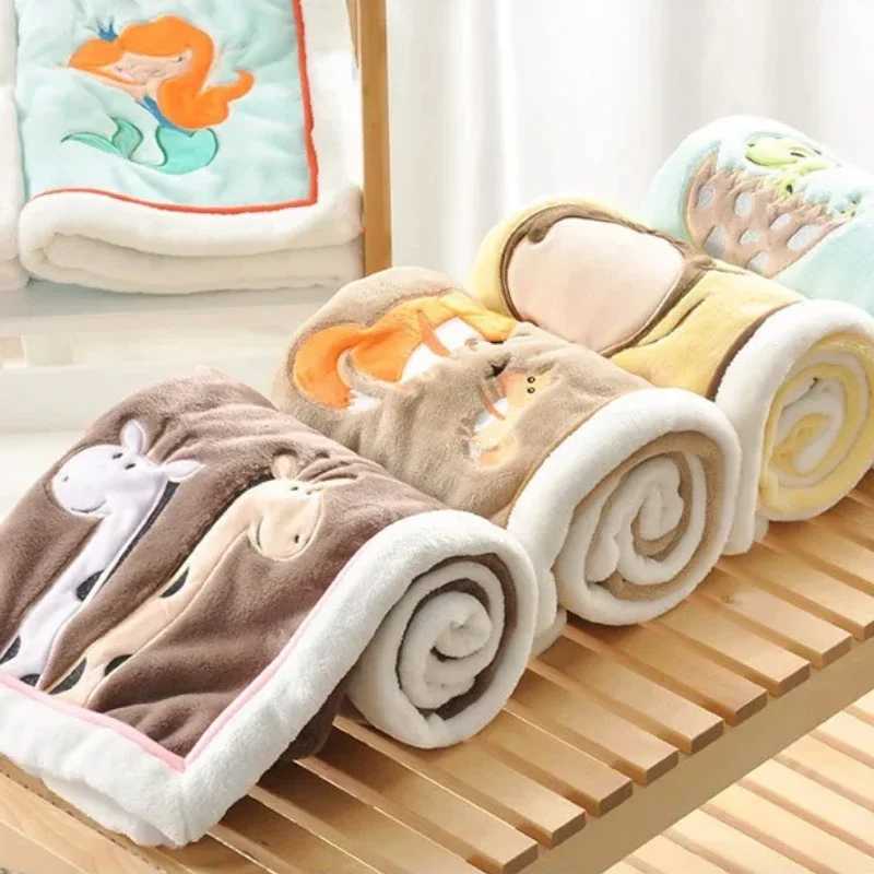 Baby Blankets Newborn Cartoon Embroidery Flannel Baby Blanket Kids Boys Girls Swaddle Wrap Infant Stroller Cover BlanketXJ240822