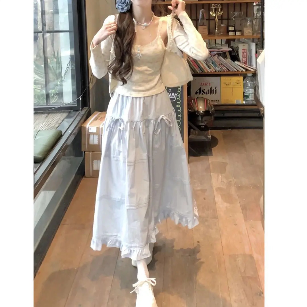 Casual Sweet Womens Set Spring Autumn Floral Lace Camisole Vestcardigan Small Shirtblue Skirt Three Pieces Set for Women 240823
