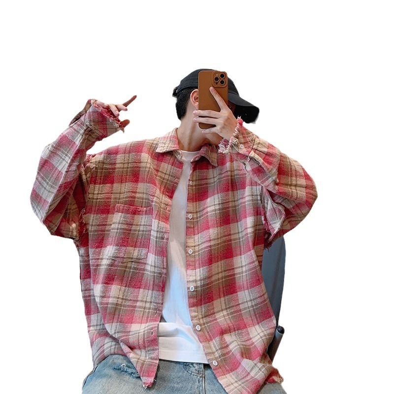 Autumn Trendy Style Design with a Loose Fit Broken Edges Pink Grid New Vintage Long Sleeved Shirt Jacket