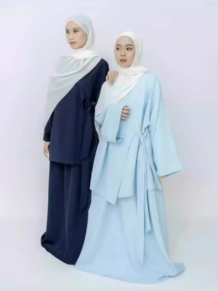 Eid Muslim Women Two Piece Set Kaftan Islam Lace Up Tops Skirt Suits Morocco Ensembles Abaya Turkey Ramadan Modest Outfits 240823