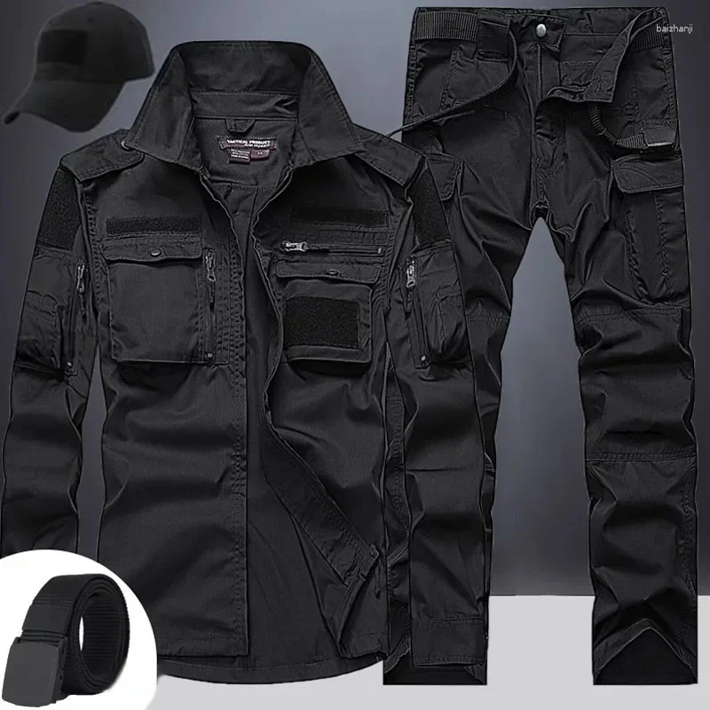 Mens Tracksuits Summer Sets Mens Outdoor Breathable Multiple Pockets Combat Long Sleeve Shirts Cargo Pants Suits Male