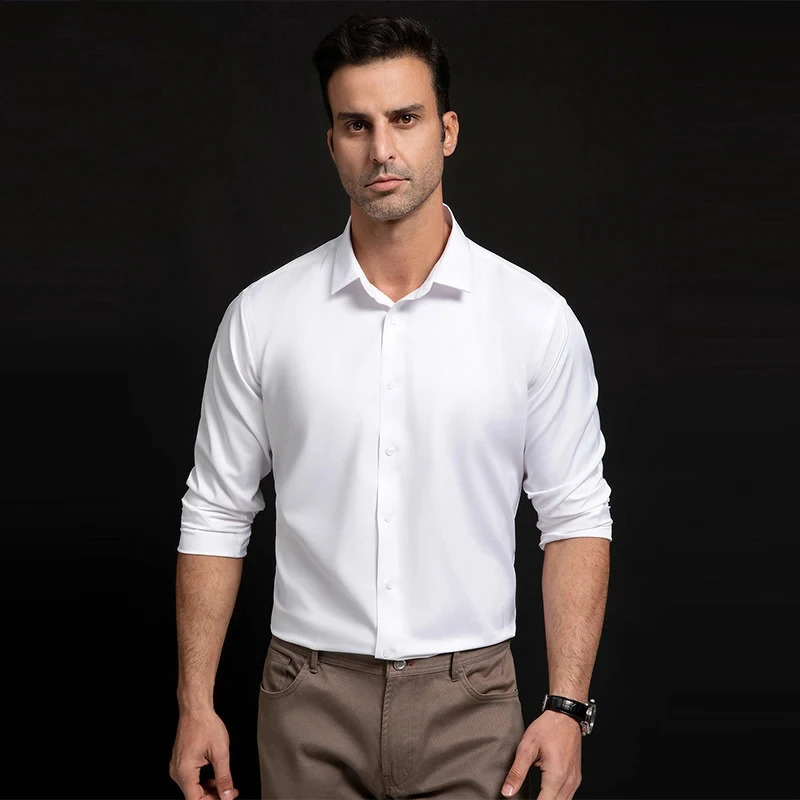 T446 Quality Stretch Anti-Wrinkle Smooth Men Shirts Long Sleeve Dress Shirt For Male Slim Social Business Blouse Shirt S-6XL 240822