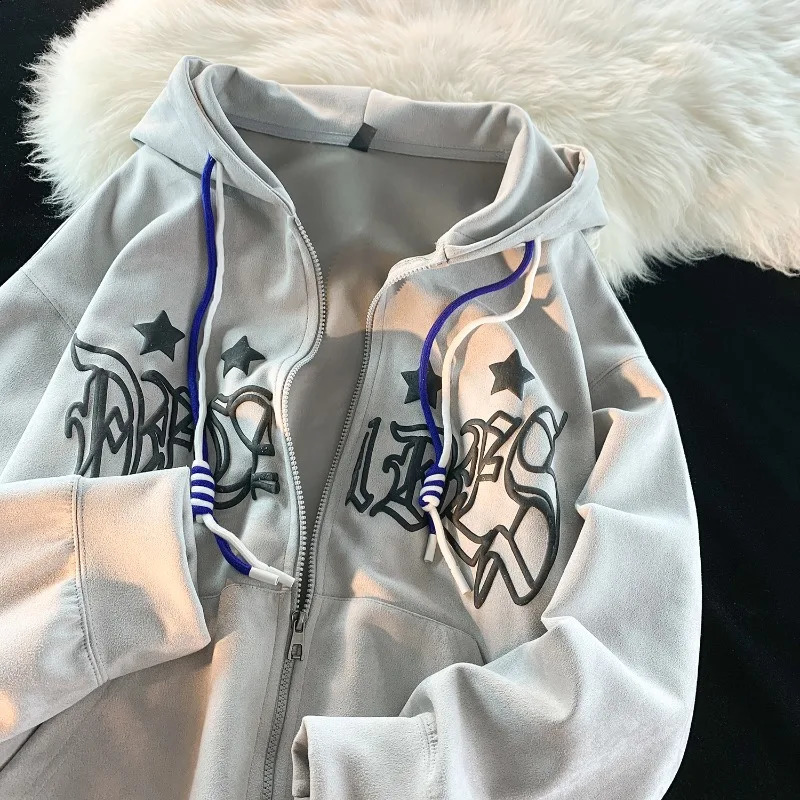 Faux Suede Hoodie Gothic Foaming Printing Zip-up Hoodies Colour Blocking Drawstring n Y2k Hooded Coat Man Women Coats 240823
