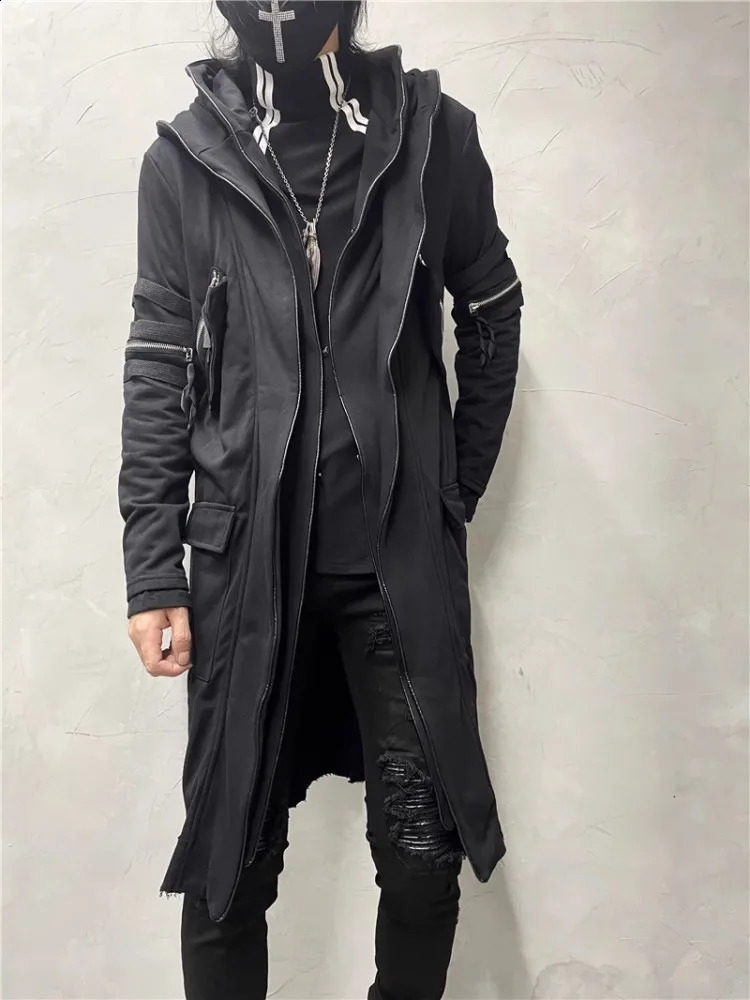 Gothic Black Medium Length Hooded Trench Men Japanese Style High Street Multi Zipper Casual Long Coat Spliced Cloak Wndbreakers 240822