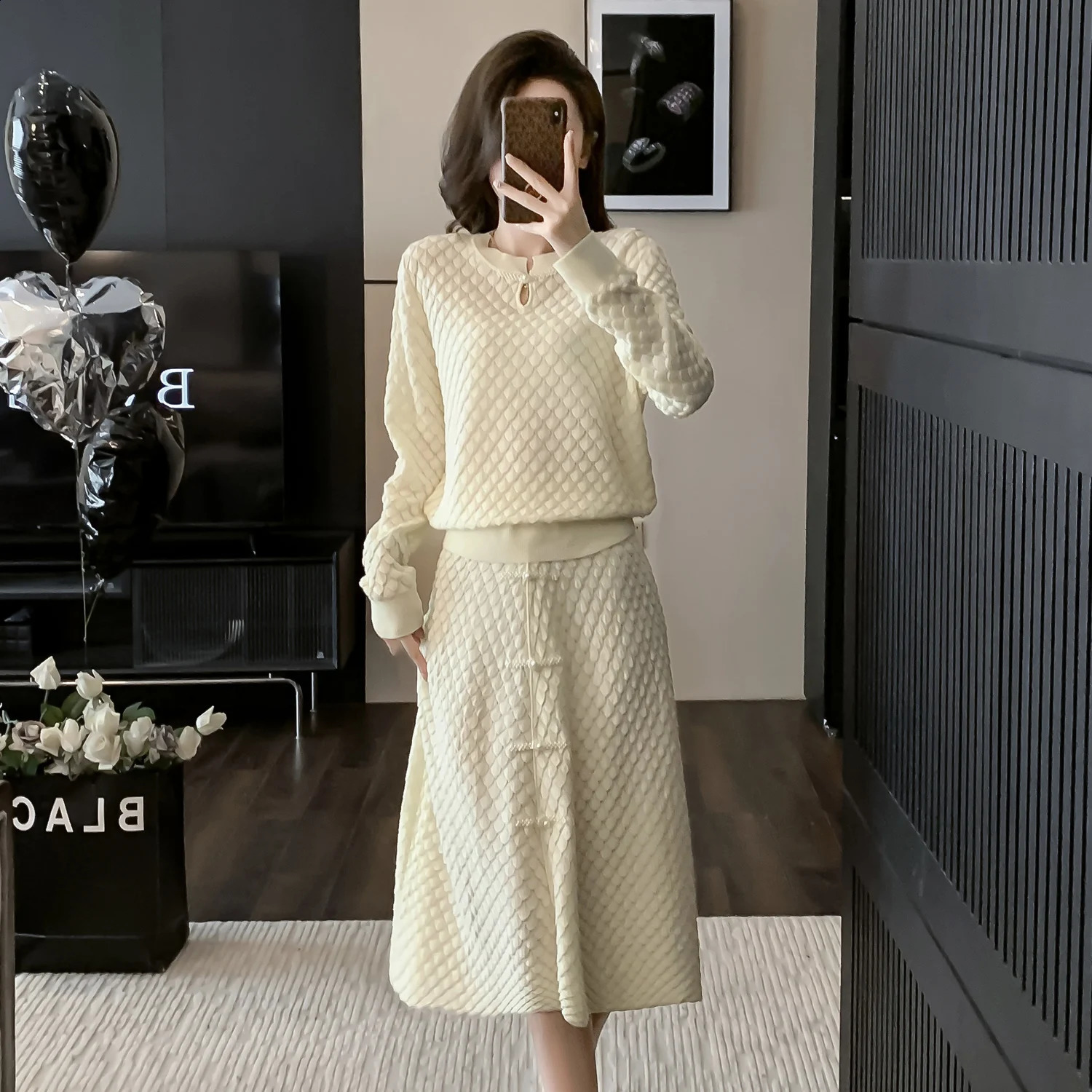 ZJYT Autumn Winter Knitted Dress Sets 2 Pieces Womens Outfits Fashion Long Sleeve Pearls Pullover Sweater and Skirt Suit Female 240823