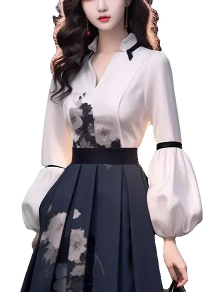 Womens Skirt Set Long Sleeved Blouse Top Autumn Spring High End Chinese Elegant Temperament Goddess Show Thin Print Skirt Set 240823