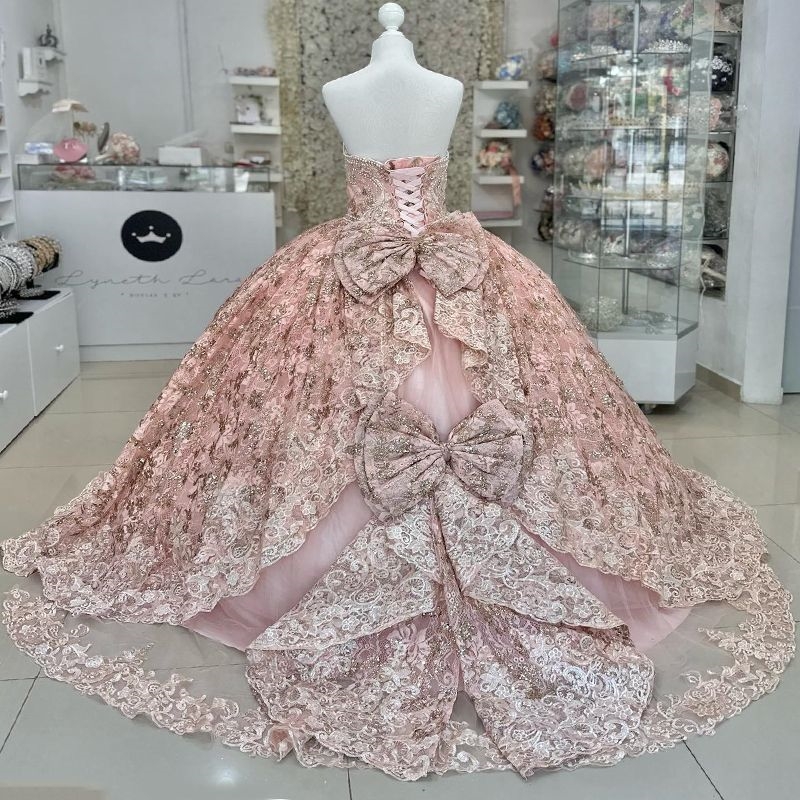 Pink Sparkly Quinceanera Dresses Party Birthday Bride Robe Applique Bow Beads Crystal Tull Bridal Dress Vestidos 15 De Novia Sweet 16 Dress