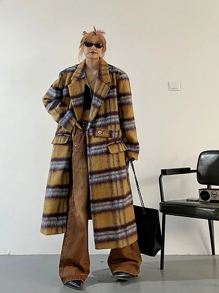 Loose Fit Yellow Plaid Big Size Long Woolen Coat Parkas Lapel Long Sleeve Women Fashion Autumn Winter 240822