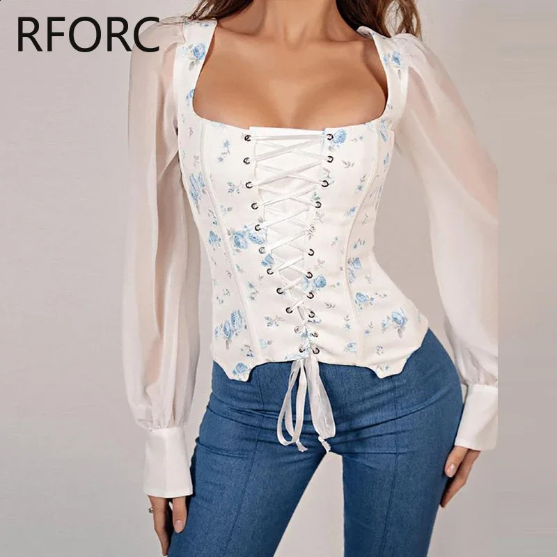 Womens Printed Square Neck Criss Cross Lace Long Lantern Sleeve Chiffon Shirt Top 240822