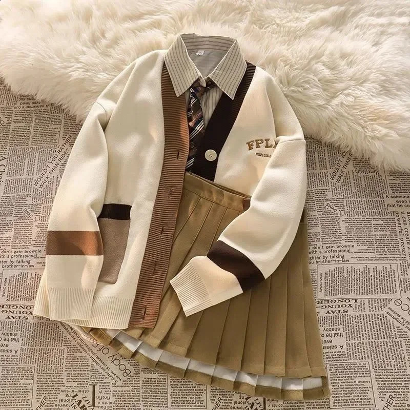 Womens Sets College Style Striped Shirts Knitted Coat Pleated Skirts Fashion Ladies Sweet Three Piece Womens Clothing 240823