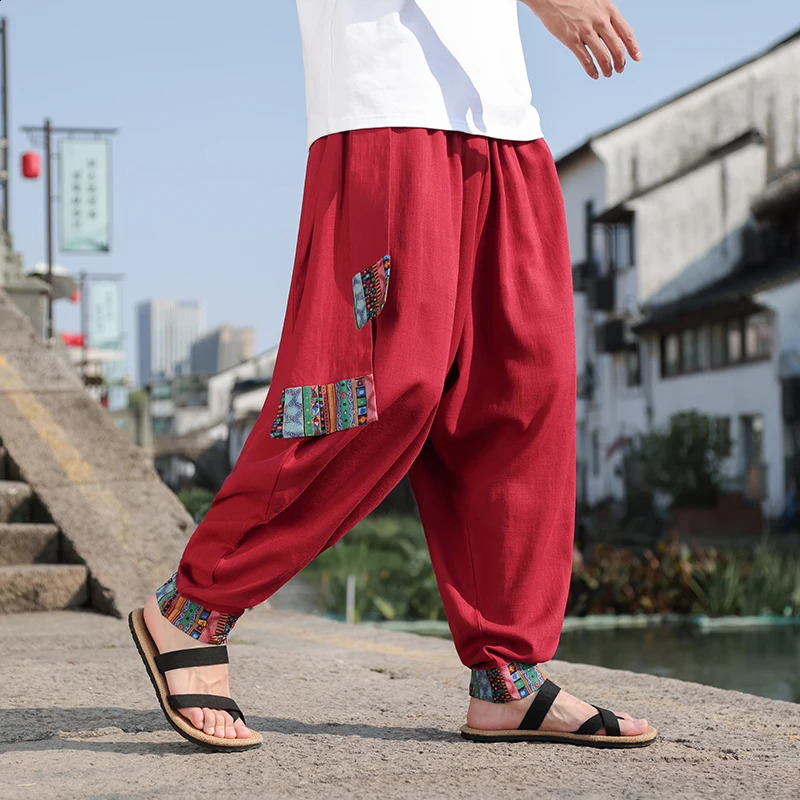 Chinese Style Mens Retro Wide Leg Pants Loose Plus Size Trendy High Street Fashion Cotton and Linen Pants Hombre Leggings 240822