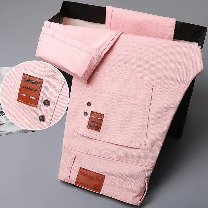 High quality casual denim jeans mens red yellow pink white solid color party pants fashionable four season straight plus size 240823