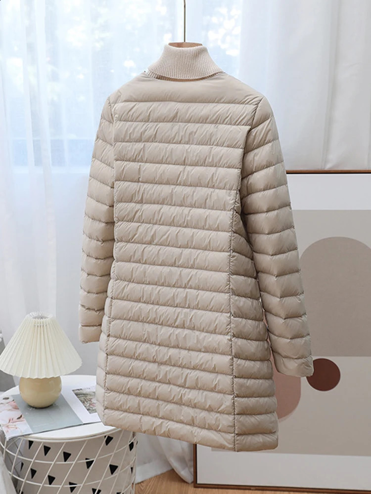 Womens winter coat autumn ultra light duck down jacket Oneck long sleeved inflatable windproof warm lining 240823