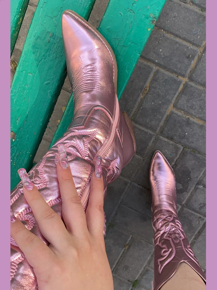 Silver metal denim boots for women Pointed Toe wide calf western boots zipper embroidery stacked high heels wedding spring shoes 240823