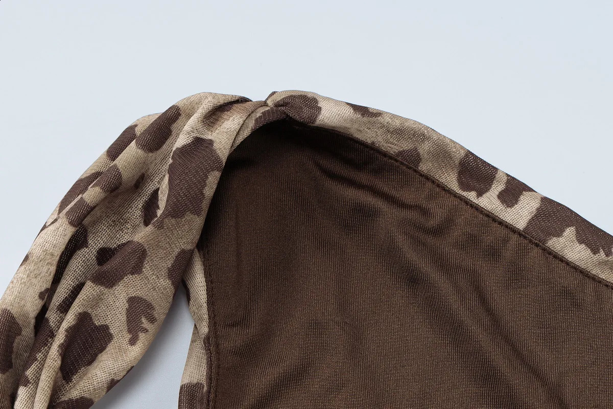 Sexy Elegant Women Leopard Print Slim Bodysuits Backless Skinny Ruched Asymmetrical Tops Outfits One Piece Teddy Mesh Jumpsuit 240822