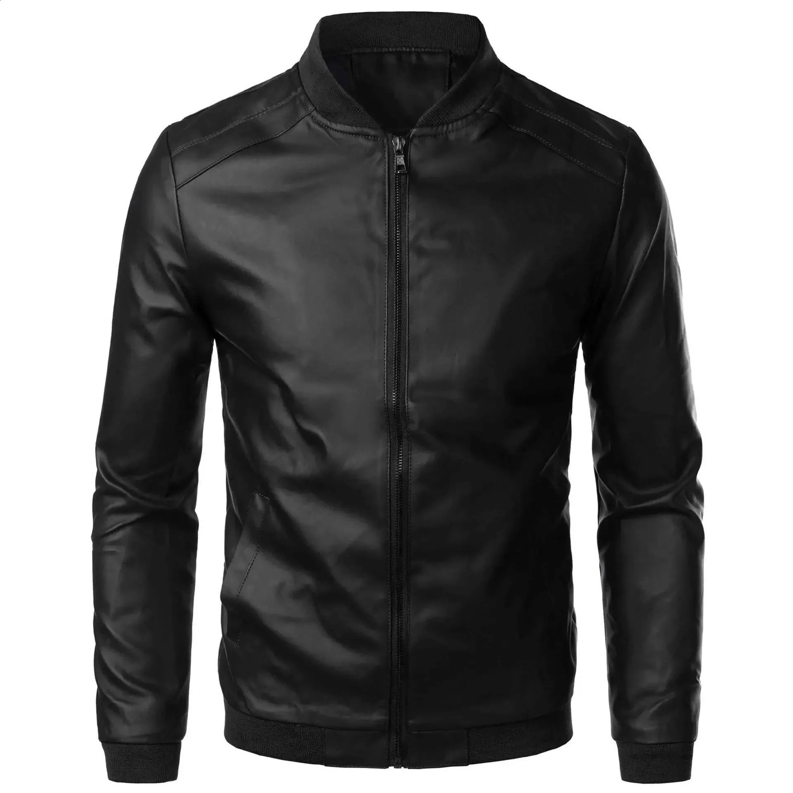 Mens Spring and Autumn Leather Jacket Fashion Trend Motorcycle Korean Version Slim Fit PU Leather Stand Collar Coat Mens Wear 240822