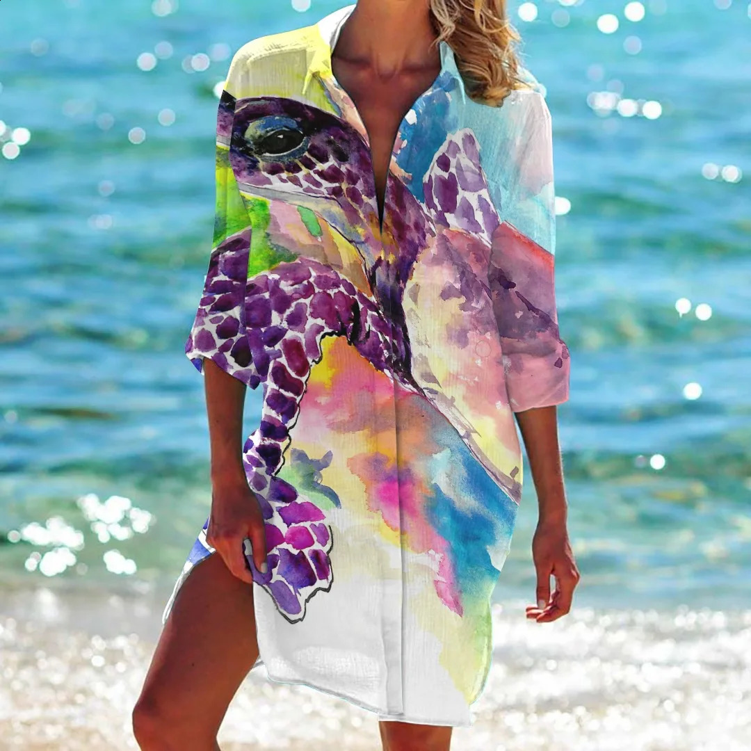 Summer Sea World Starfish 3D Print Blouses Women Long Sleeve Blusas Mid-length Shirts Buttons Shirt Blouse Woman Pocket Tops 240823