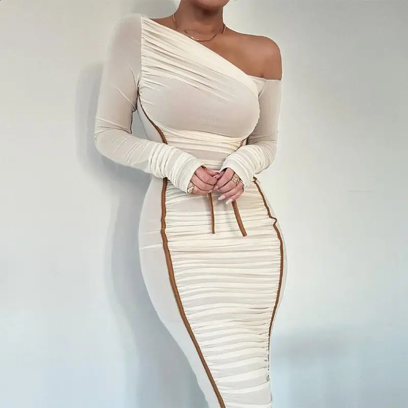 Elegant Diagonal Collar Long Sleeve Maxi Dresses for Women Sexy Two Layer Mesh Backless Ruched Bodycon Club Party Evening Dress 240823