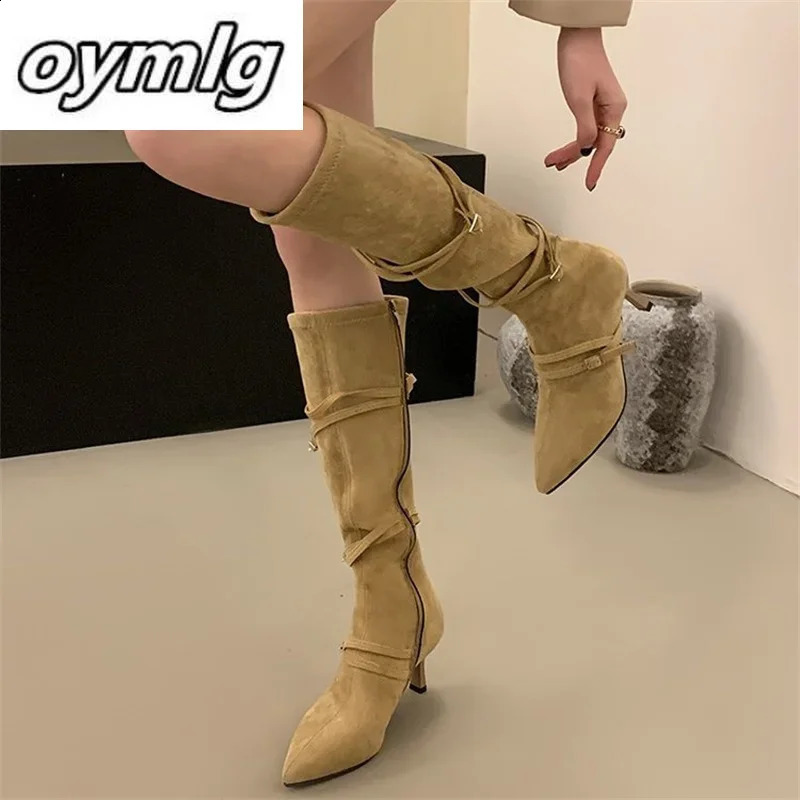 2024 Winter Retro Fold Belt Stacked Boots with Cornered Mid Barrel Inner High Western Cowboy Boots 240823