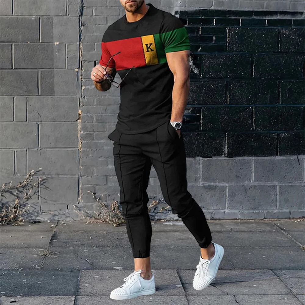 Mens Trouser Tracksuit 2piece 3D Printed Summer Fashion Sports Style Short Sleeve TshirtPants Street Clothing 240822