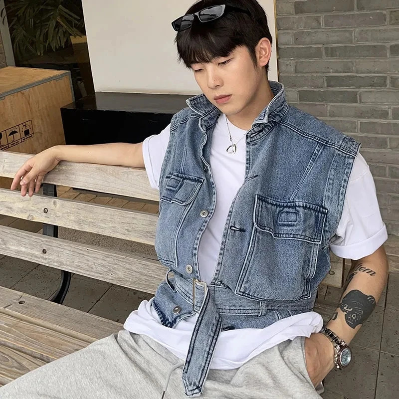 Vintage Sleeveless Cargo Jacket Streetwear Casual Denim Vest Men Fashion Coats Male Waistcoat Loose Clothing Jeans Gilets 240822