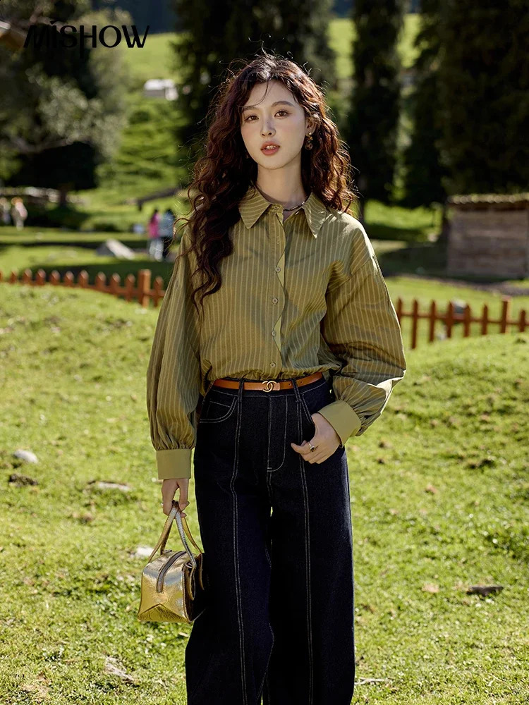 MISHOW Striped Casual Shirt for Women Autumn Retro Lapel Long Sleeve Top Contrasting Cuffs Shirts Office Lady MXD42C0301 240823