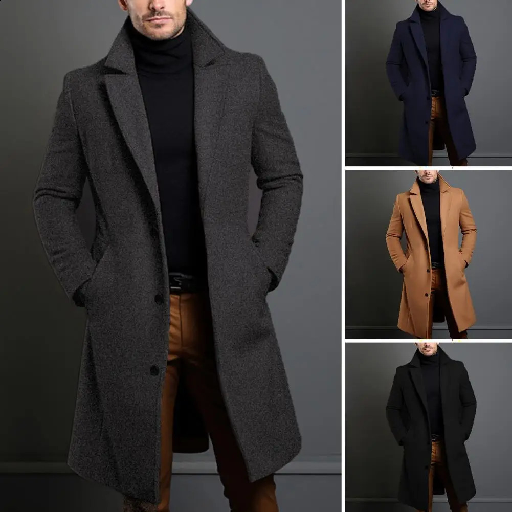 Men Woolen Coat Stylish Mens with Lapel Pockets for Autumn Winter Midlength Windbreaker Outwear Formal 240823 - view 6