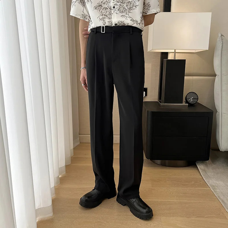 Men Korean Fashion Commuting Daily Loose Casual Vintage Classical Belt Wide Leg Suit Pants Streetwear Show Trousers 240822