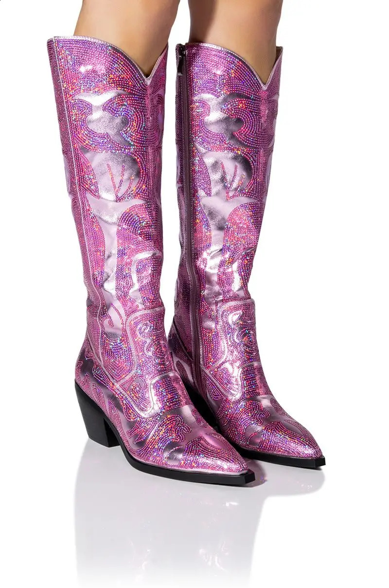 Metal Cowboy Boots Pink Western Cowboy Boots Womens Pointed Toe Stacked Heeled Mid Calf Embroidered Shoes 44 240823