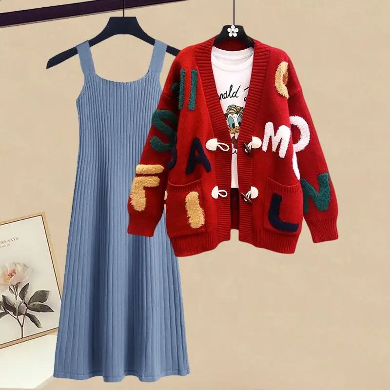 Autumn and Winter Letter Embroidery Knitted Sweater Cardigan Knitted Camisole Dress Two-piece Set Elegant Womens Skirt Set 240823
