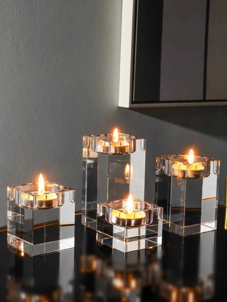 4-20CM Fashion Candle Holders Solid Crystal Clear Square Glass Tealight Candlestick for Wedding Home Decor Hotel Supplies Y240823
