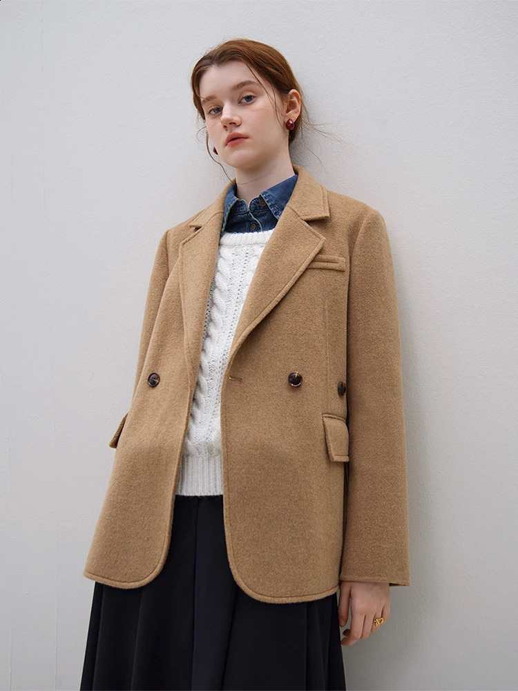 FSLE 100% Wool Style Short Blazer Double-sided Woolen Jackets Single-breasted Two-button Office Lady Simple Suit Coats 240822