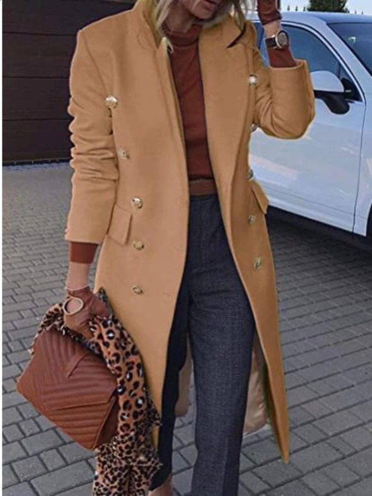 Women Jacket Lapel Wool Coat Autumn Winter Solid Double Breasted Topcoat Knee Length Plus Size Overcoat Full Sleeve 240822