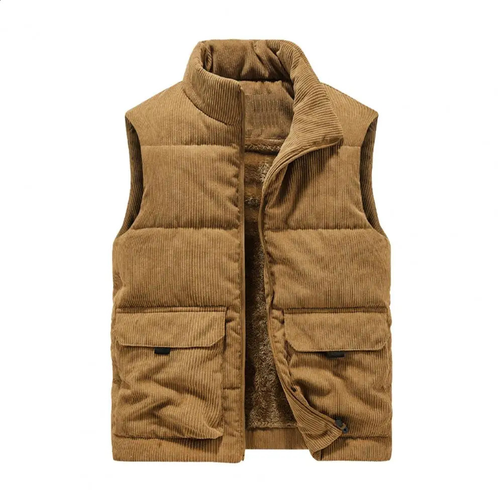 2024 Vest Jacket Mens Autumn Winter Warm Sleeveless Coat Stand Collar Padded Waistcoat Corduroy Work Wear Male Clothes 5XL y240822