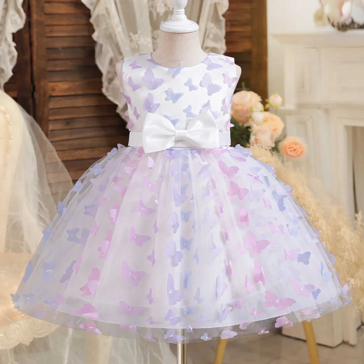 Elegant Girl Party Dress Princess Evening 3D Butterfly Network Tutu Dress 3-8-year-old Girl Wedding Birthday Formal Party Dress W240823